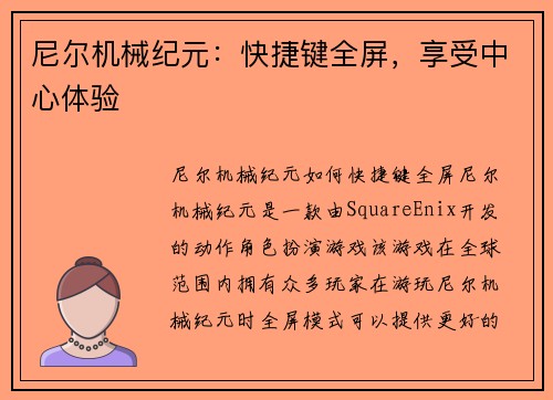 尼尔机械纪元：快捷键全屏，享受中心体验