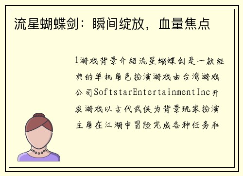 流星蝴蝶剑：瞬间绽放，血量焦点
