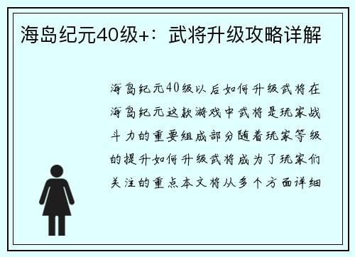 海岛纪元40级+：武将升级攻略详解